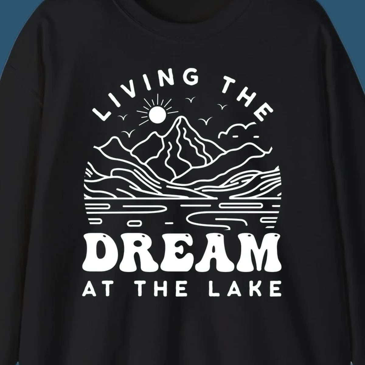 Living the dream at the lake scenic mountain landscape with sun and birds artwork.
