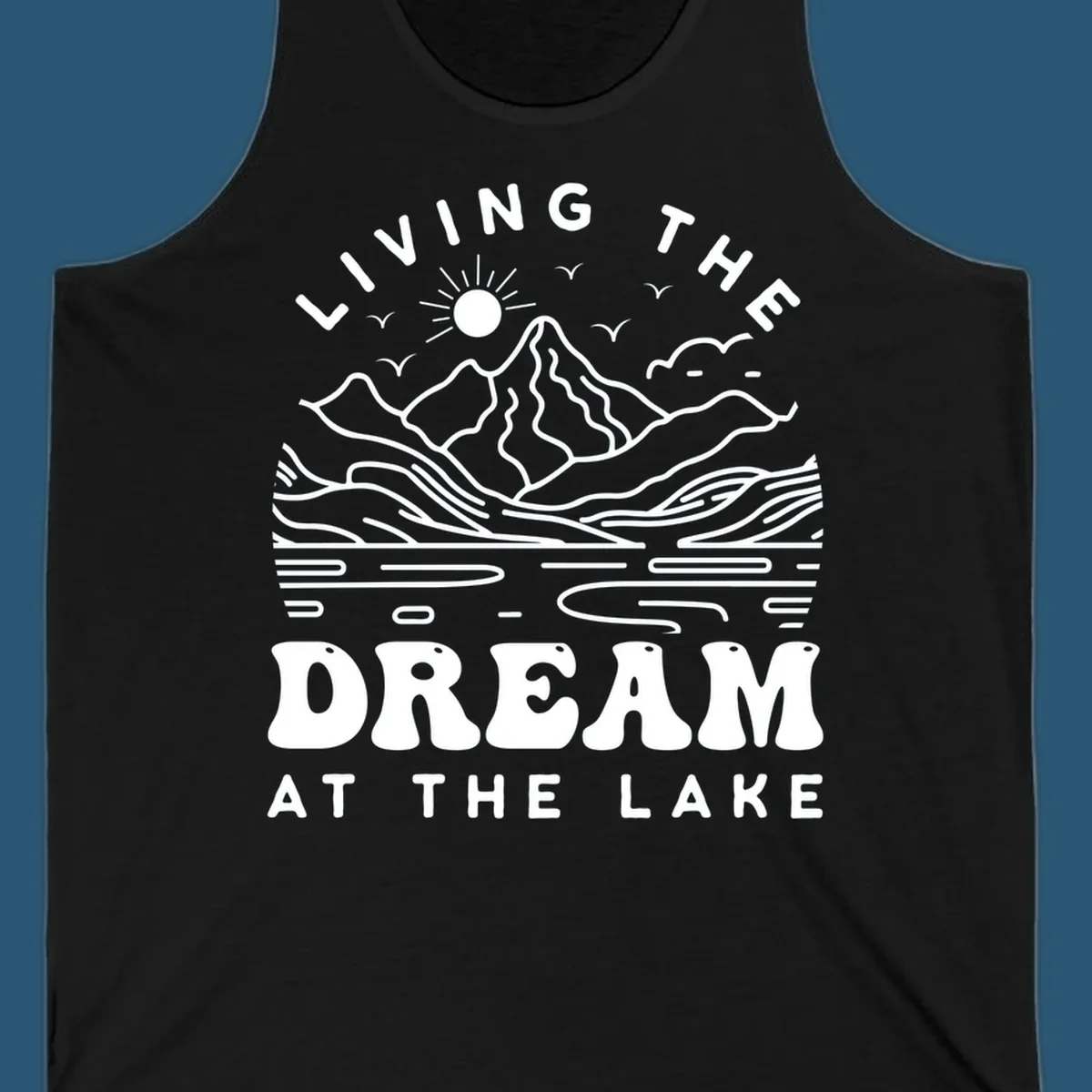 Living the dream at the lake scenic mountain landscape with sun and birds artwork.