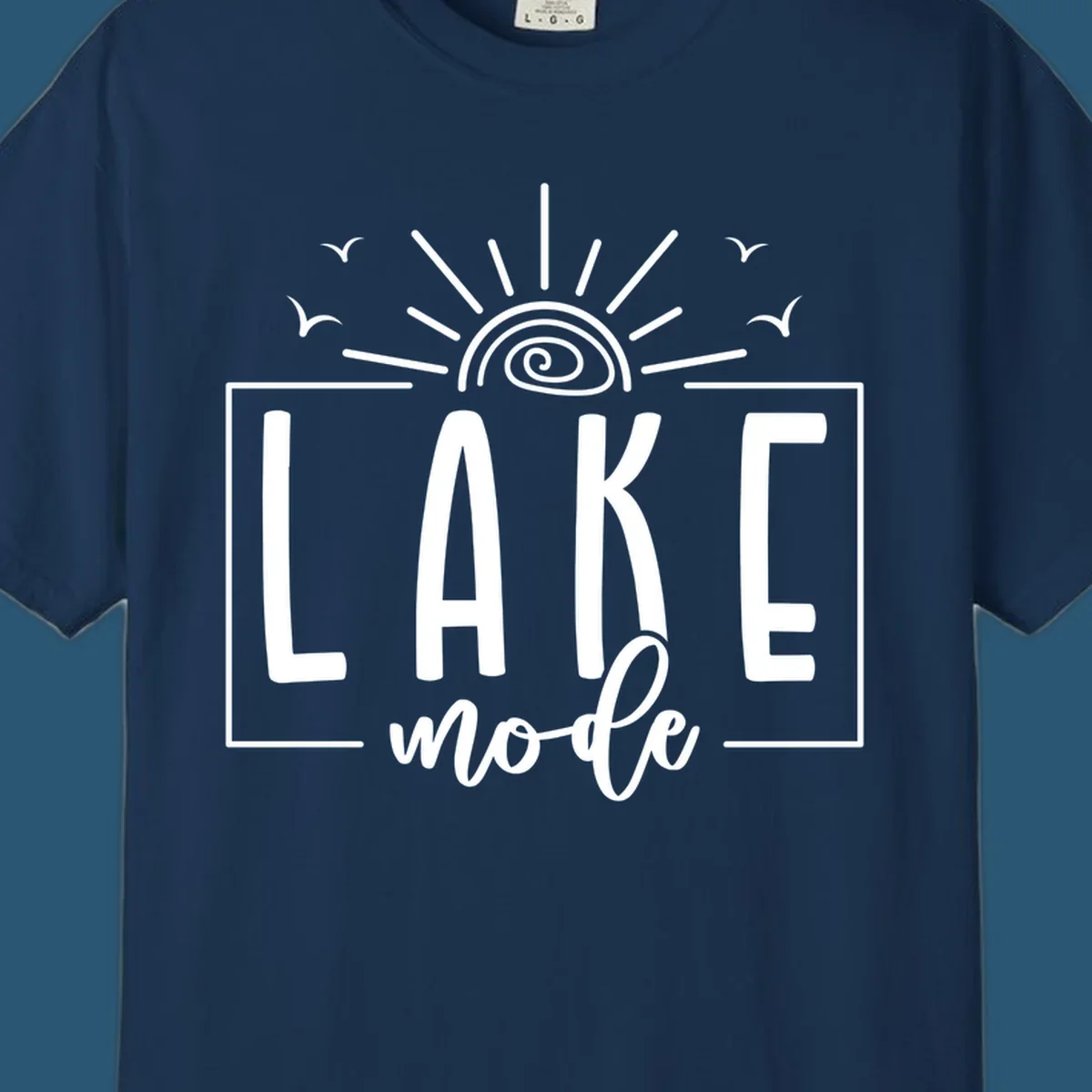 Lake mode text with sun and birds illustration