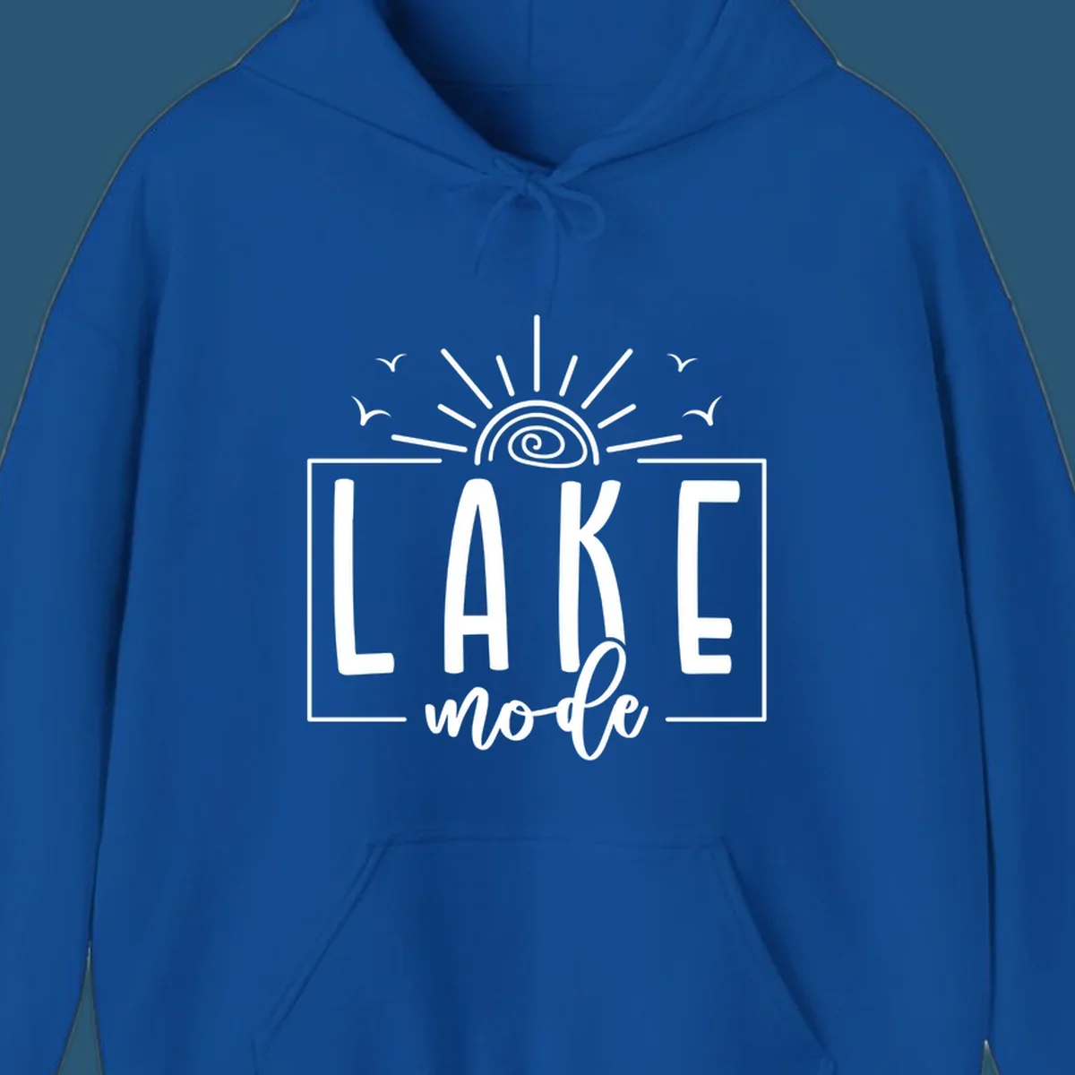 Lake mode text with sun and birds illustration