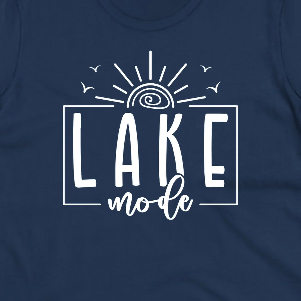 Lake mode text with sun and birds illustration