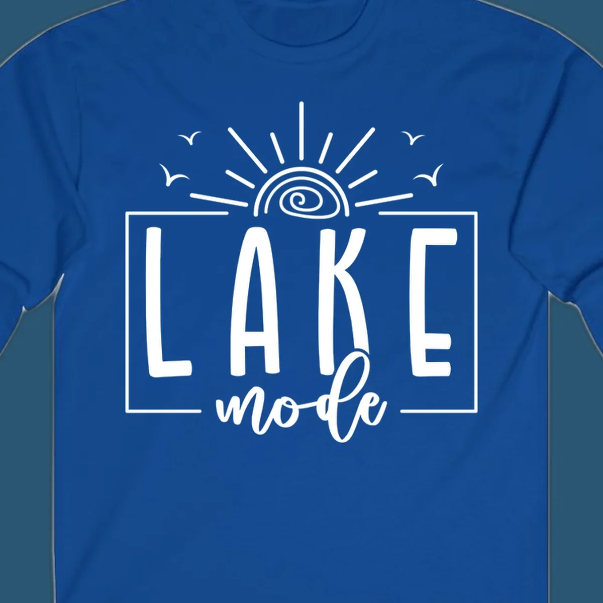 Lake mode text with sun and birds illustration