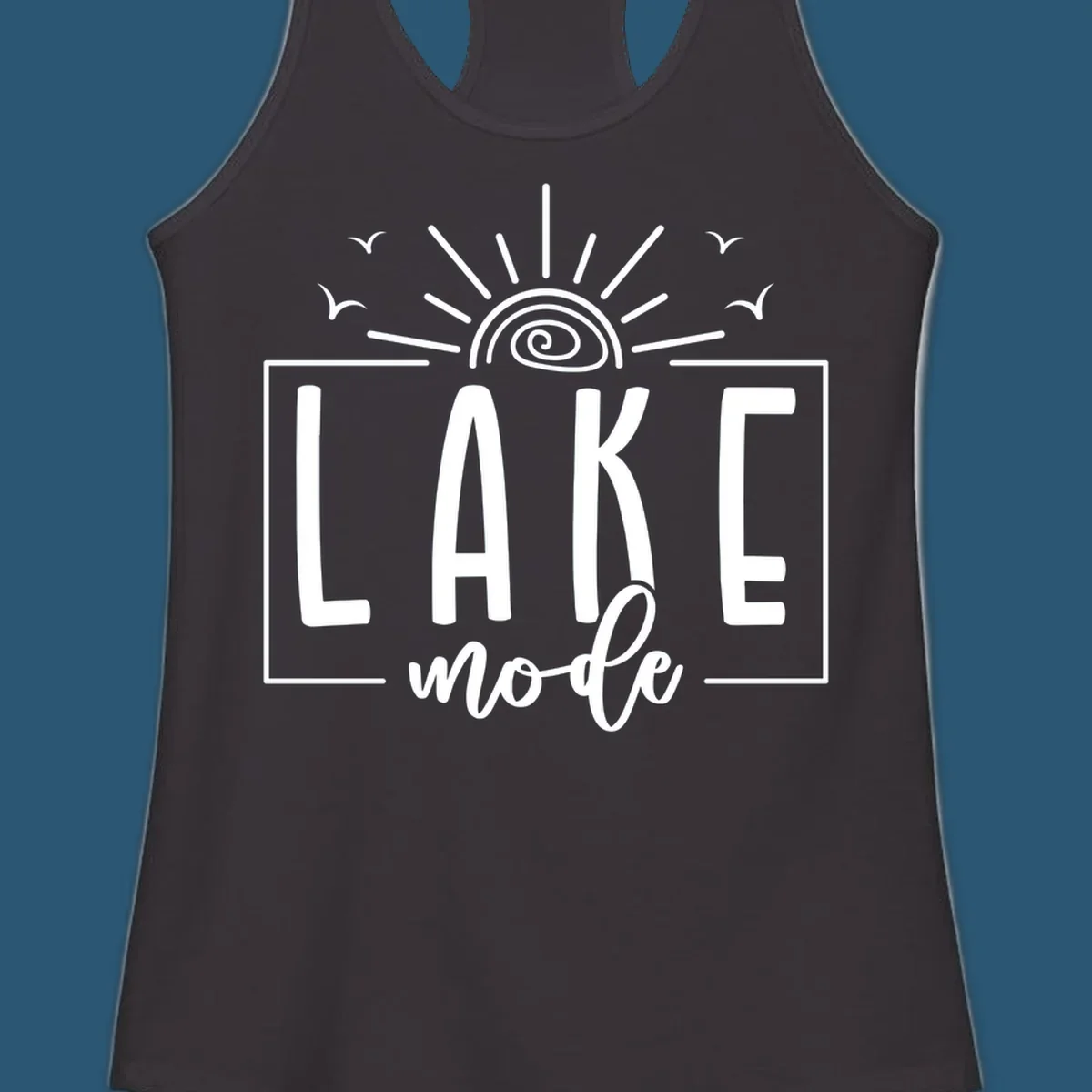 Lake mode text with sun and birds illustration