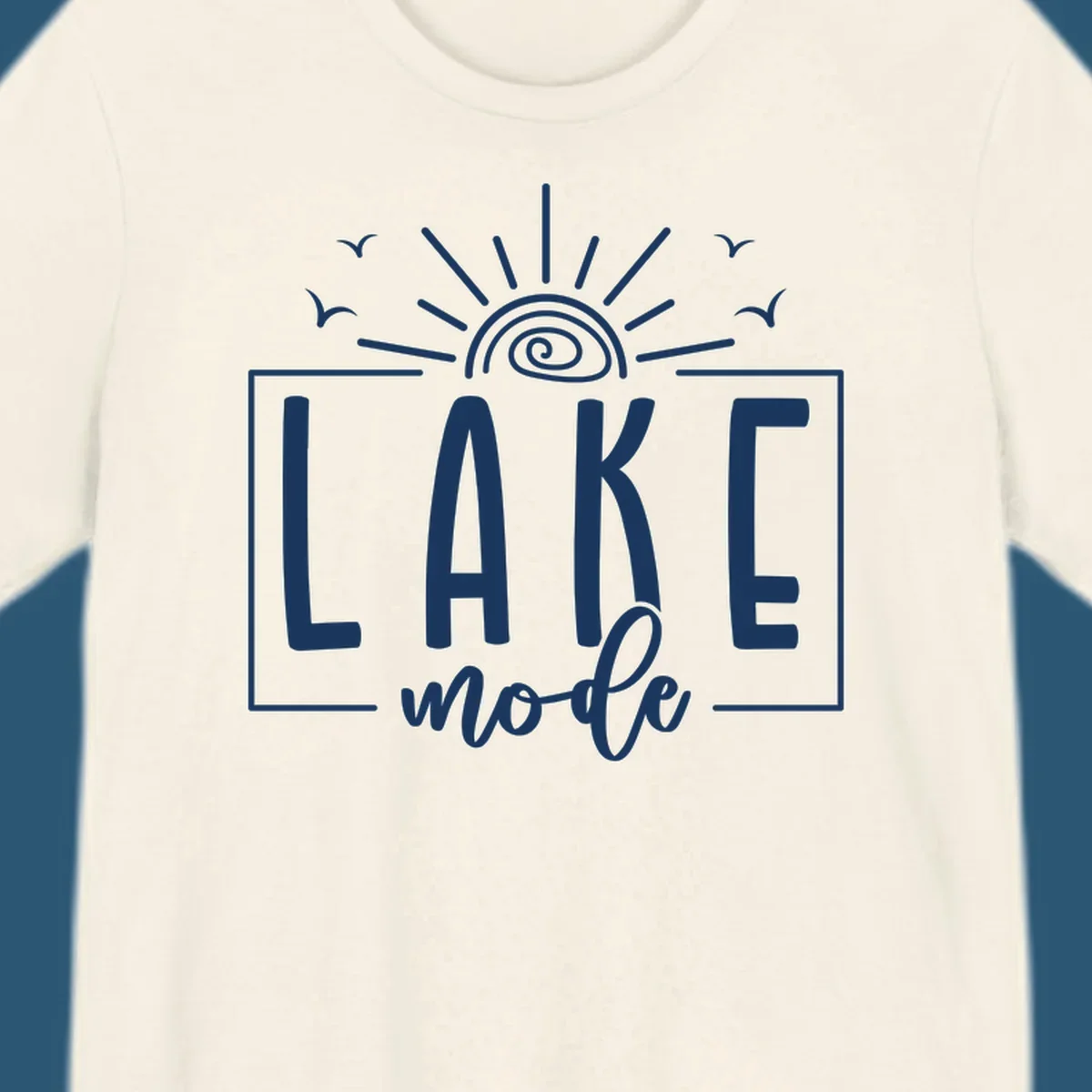 Lake mode text with sun and birds illustration