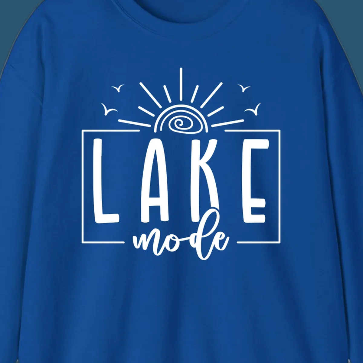 Lake mode text with sun and birds illustration