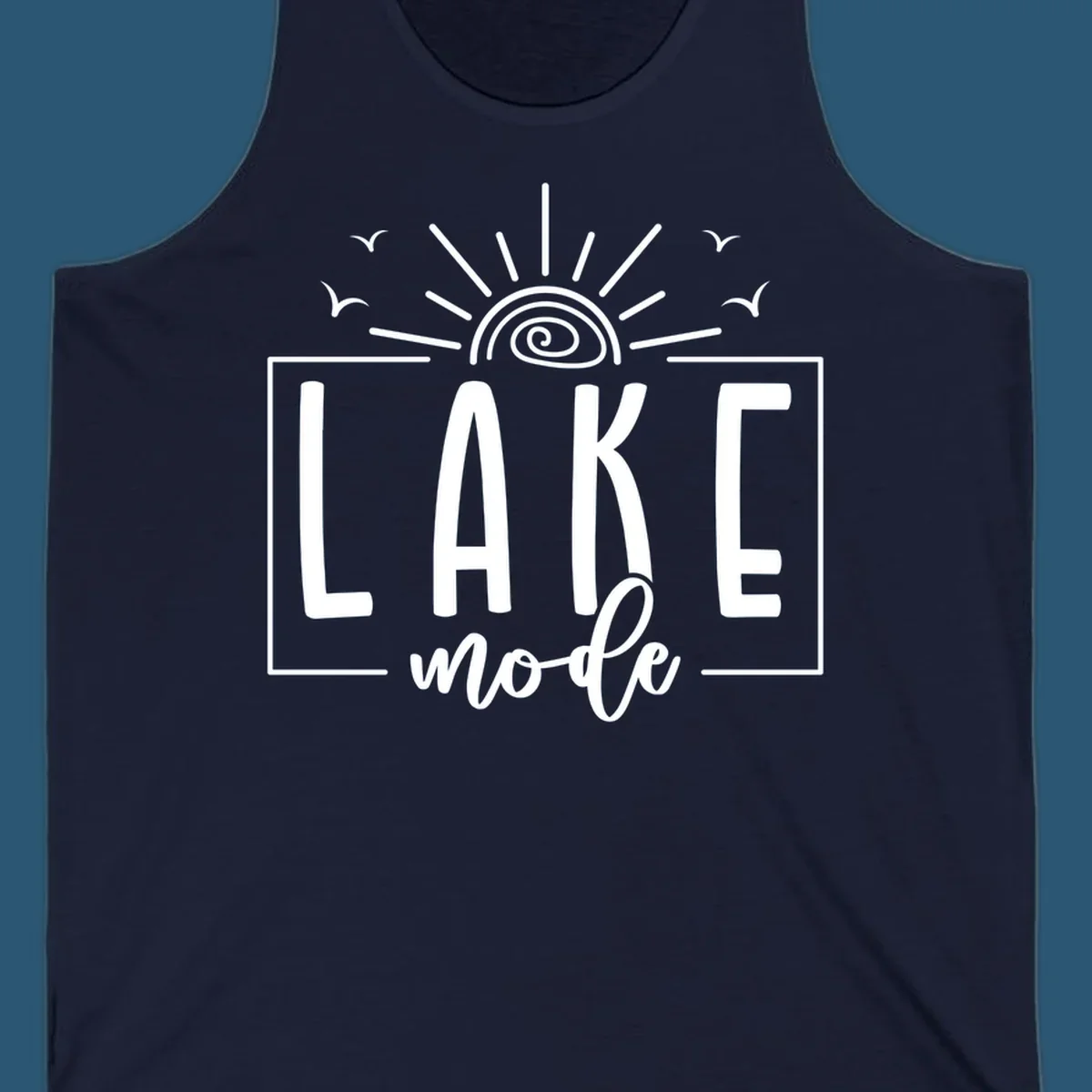 Lake mode text with sun and birds illustration
