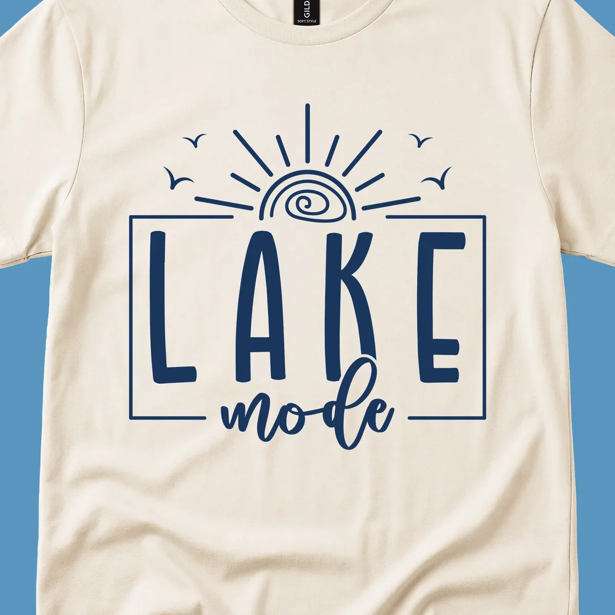 Lake mode text with sun and birds illustration