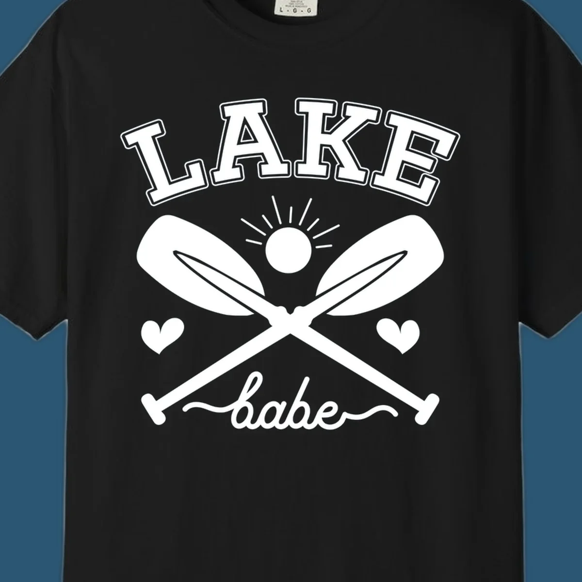 Lake Babe design with crossed oars and sun graphic.