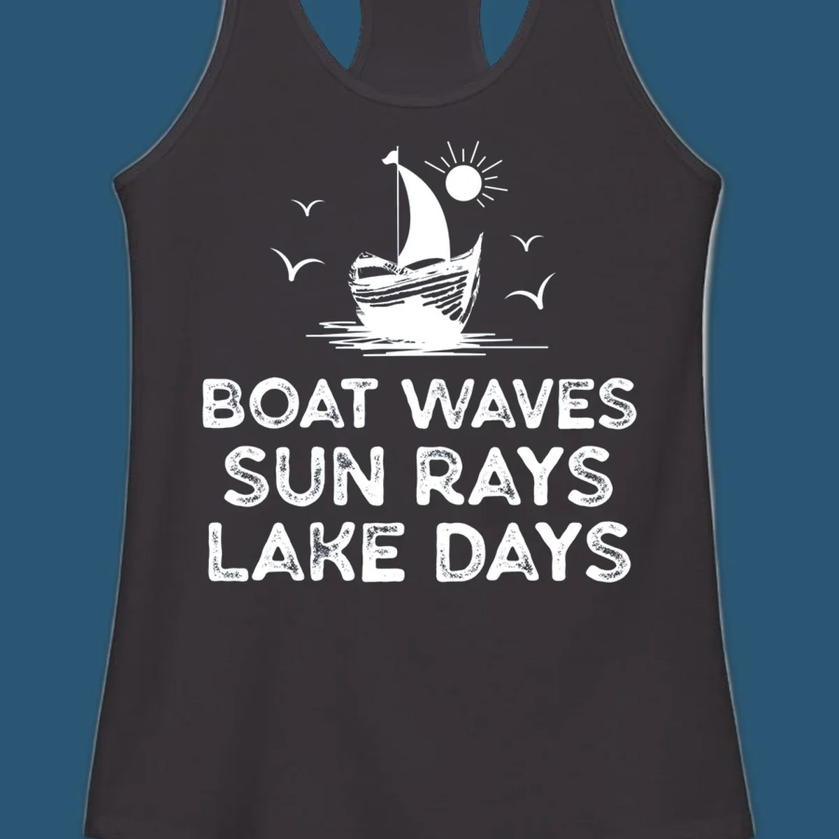 Boat waves sun rays lake days illustration with sailboat and sun, on black and white backgrounds.