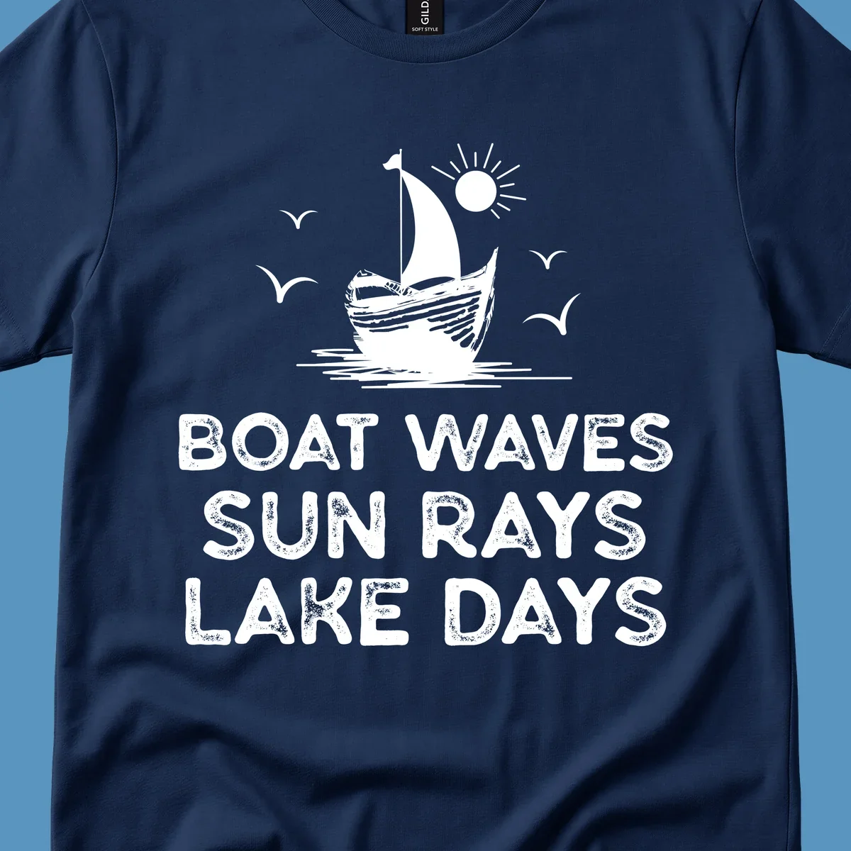 Boat waves sun rays lake days illustration with sailboat and sun, on black and white backgrounds.