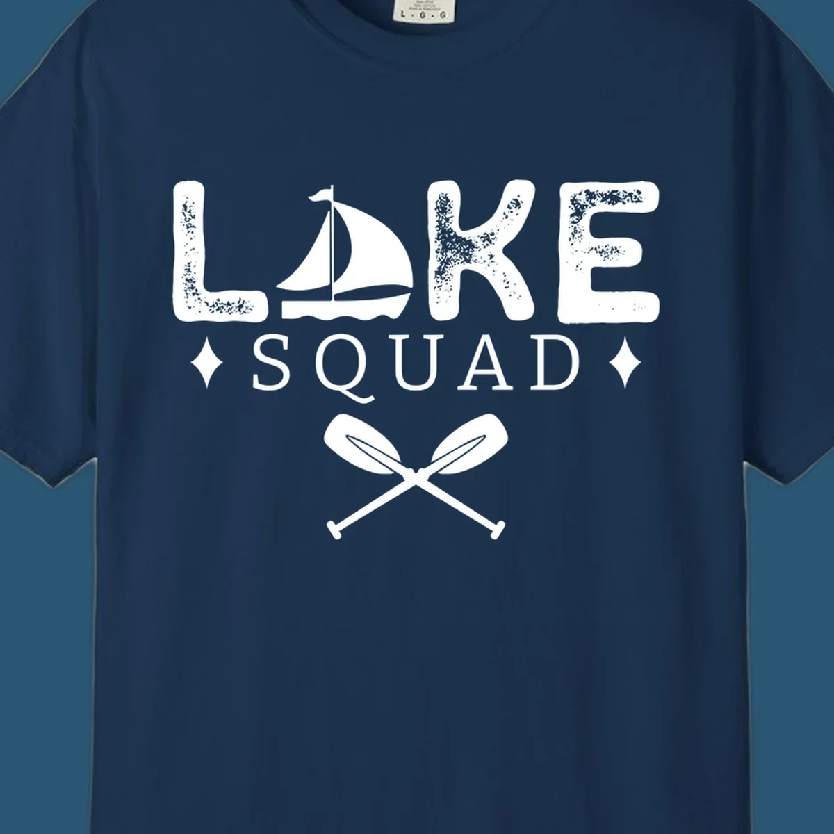 Lake Squad design featuring text, a sailboat, and crossed oars.