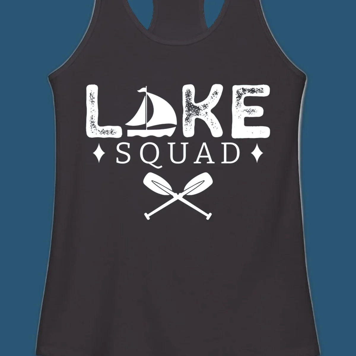Lake Squad design featuring text, a sailboat, and crossed oars.