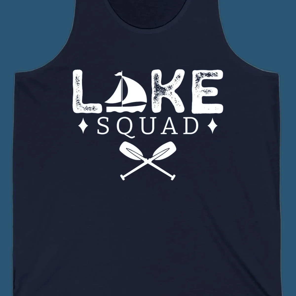 Lake Squad design featuring text, a sailboat, and crossed oars.