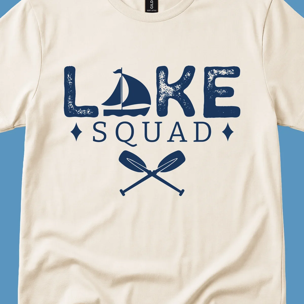 Lake Squad design featuring text, a sailboat, and crossed oars.