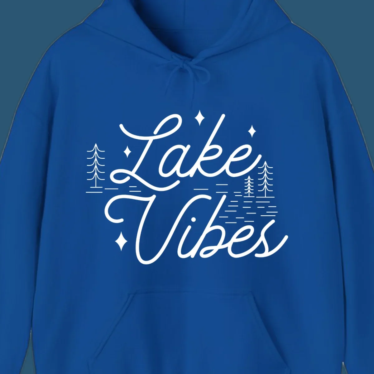 Lake Vibes text with pine trees and stars, nature-inspired lake graphic.