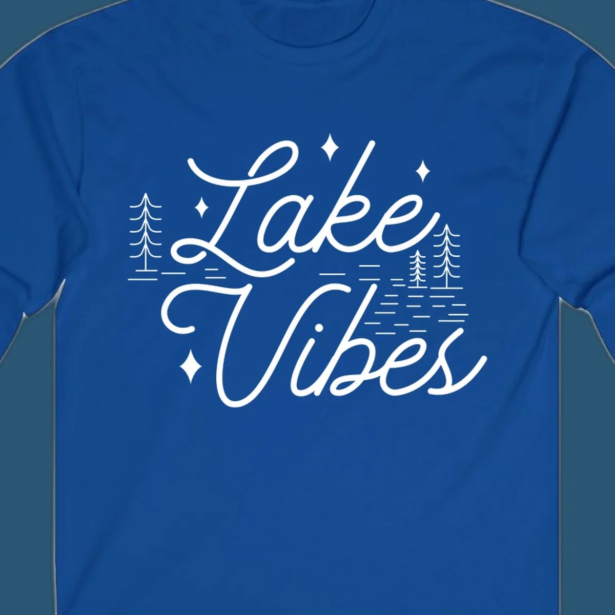 Lake Vibes text with pine trees and stars, nature-inspired lake graphic.