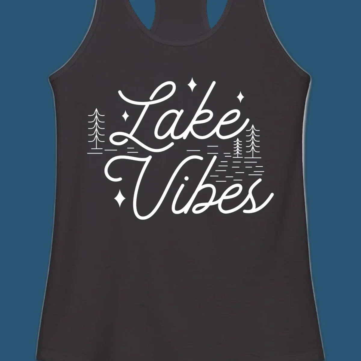 Lake Vibes text with pine trees and stars, nature-inspired lake graphic.
