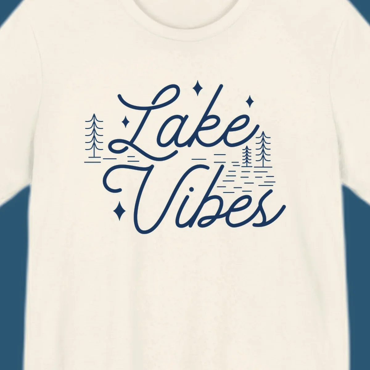 Lake Vibes text with pine trees and stars, nature-inspired lake graphic.