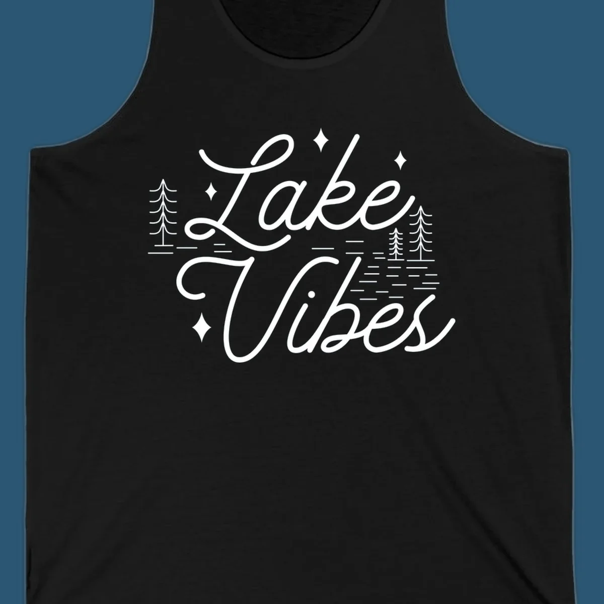 Lake Vibes text with pine trees and stars, nature-inspired lake graphic.
