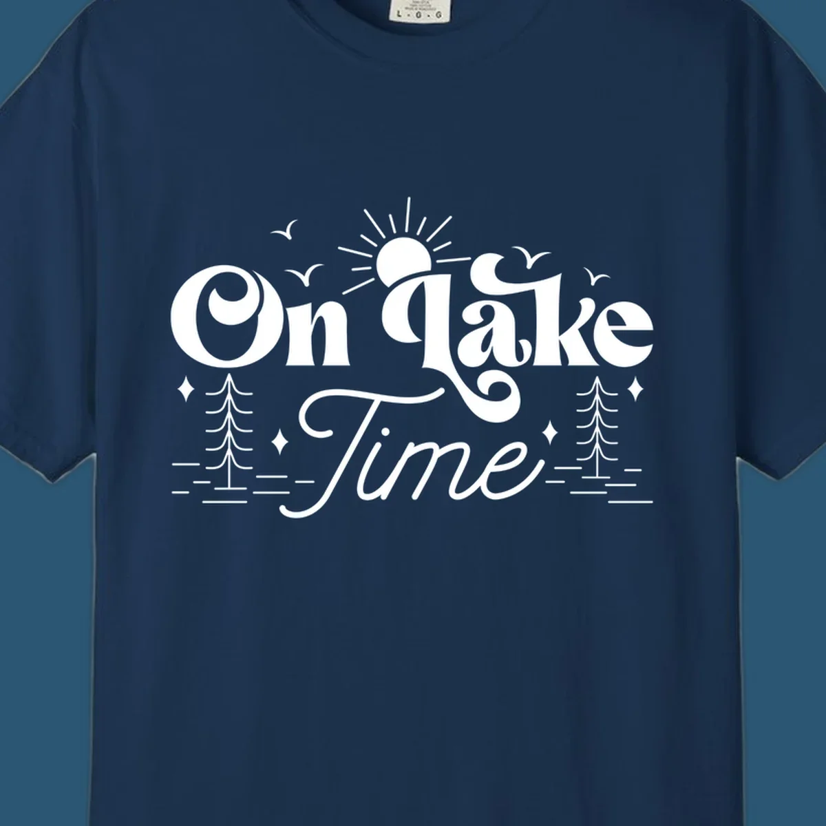 On lake time text with sun, birds, trees, and water illustration.