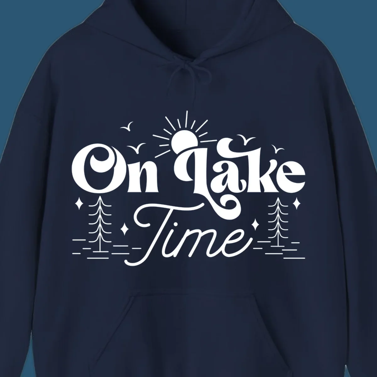 On lake time text with sun, birds, trees, and water illustration.