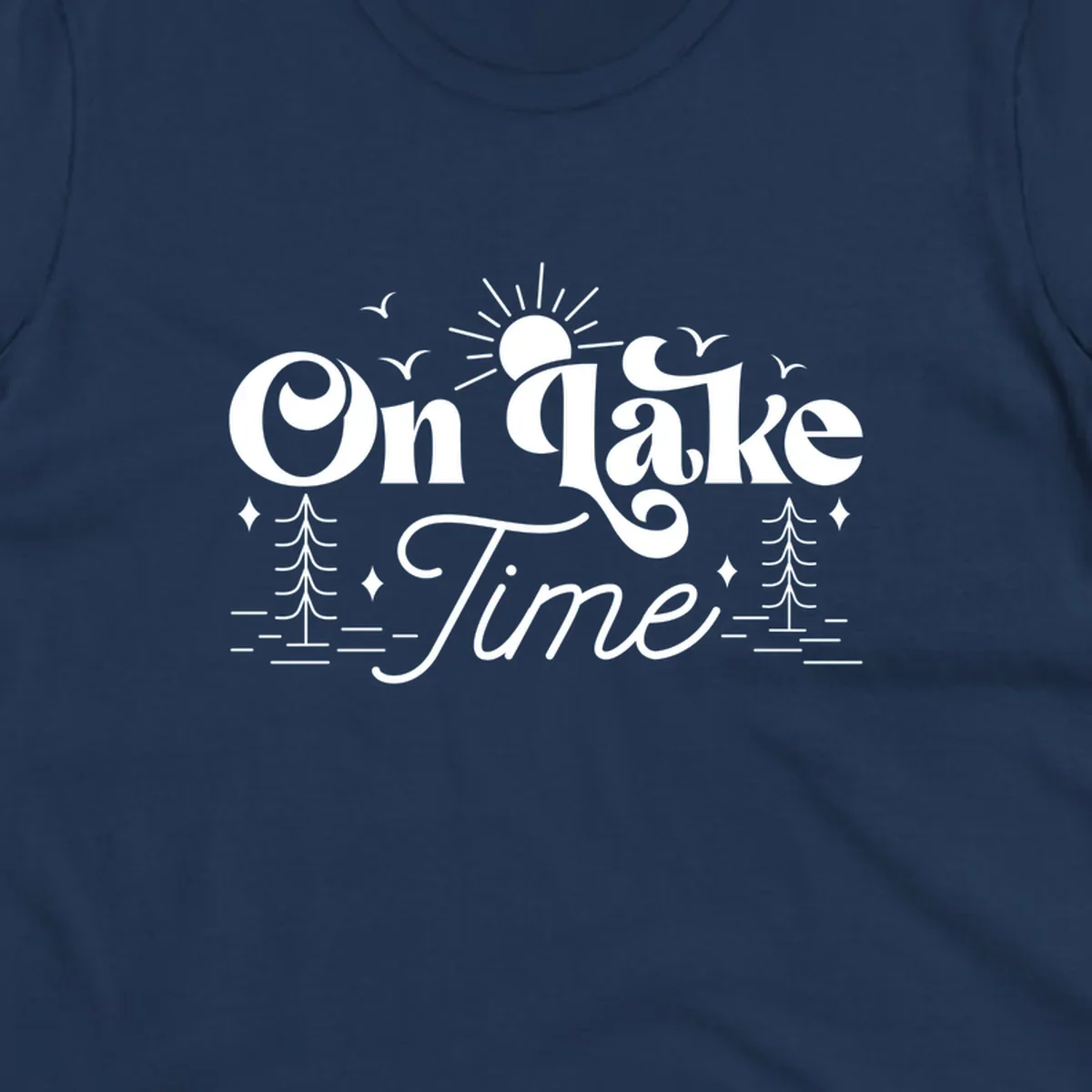 On lake time text with sun, birds, trees, and water illustration.