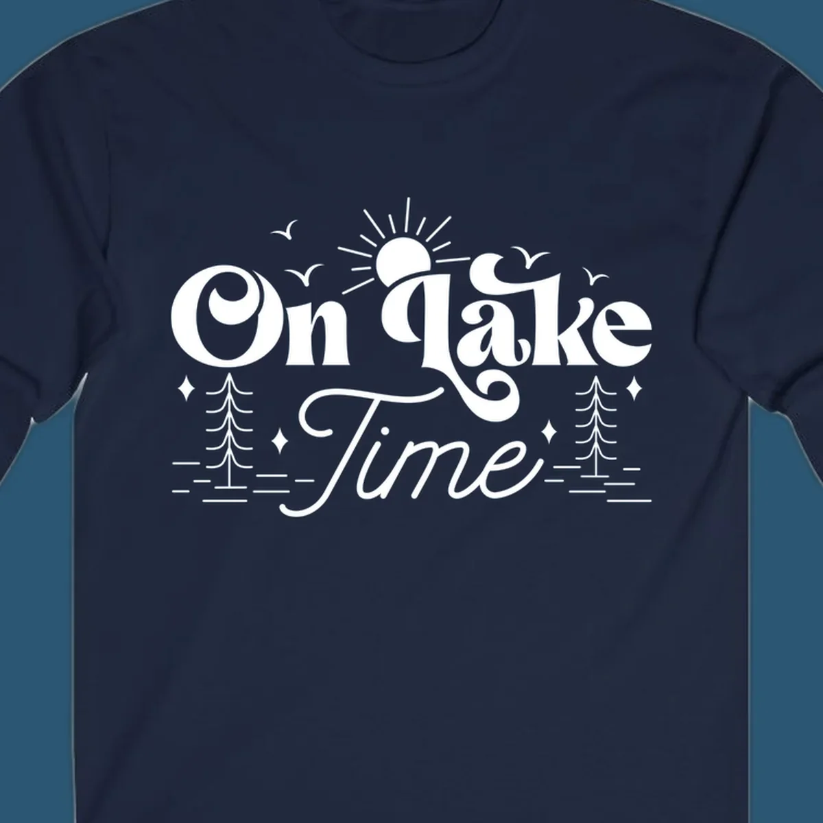 On lake time text with sun, birds, trees, and water illustration.