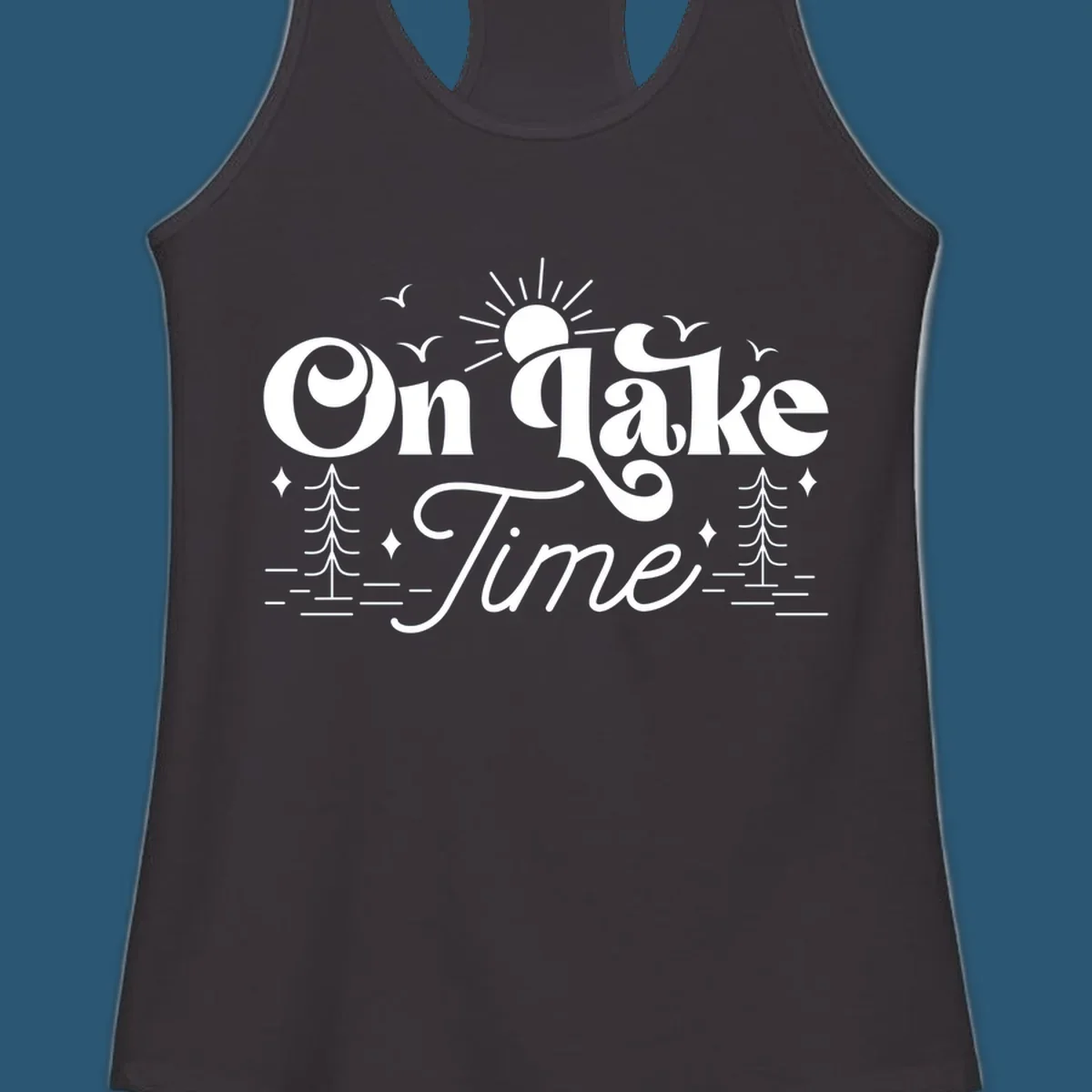 On lake time text with sun, birds, trees, and water illustration.