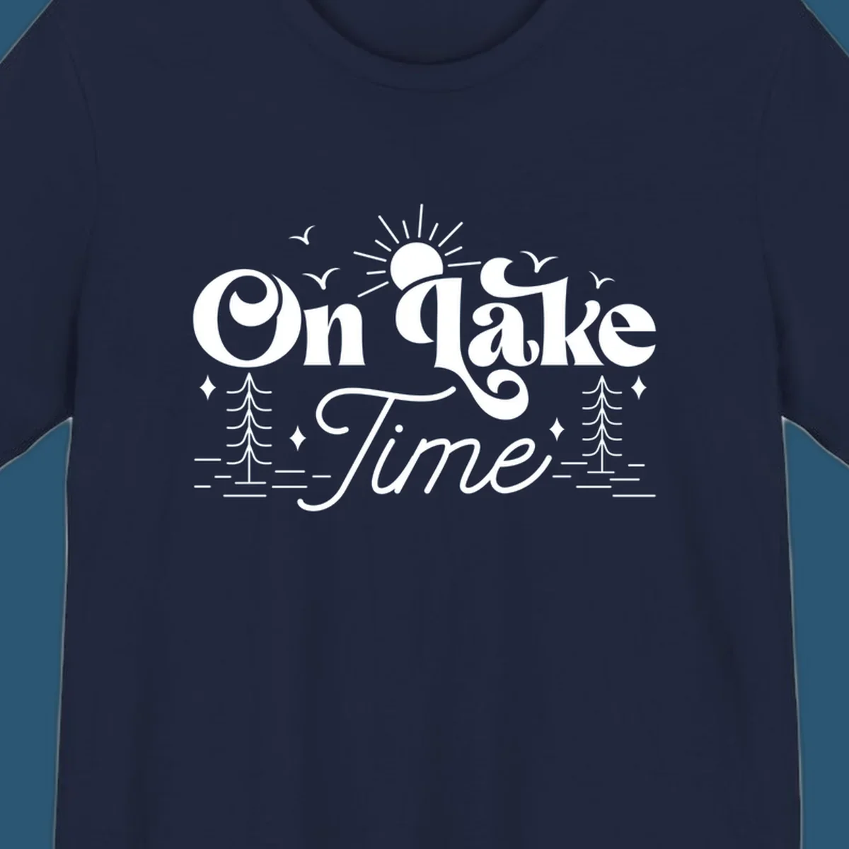 On lake time text with sun, birds, trees, and water illustration.