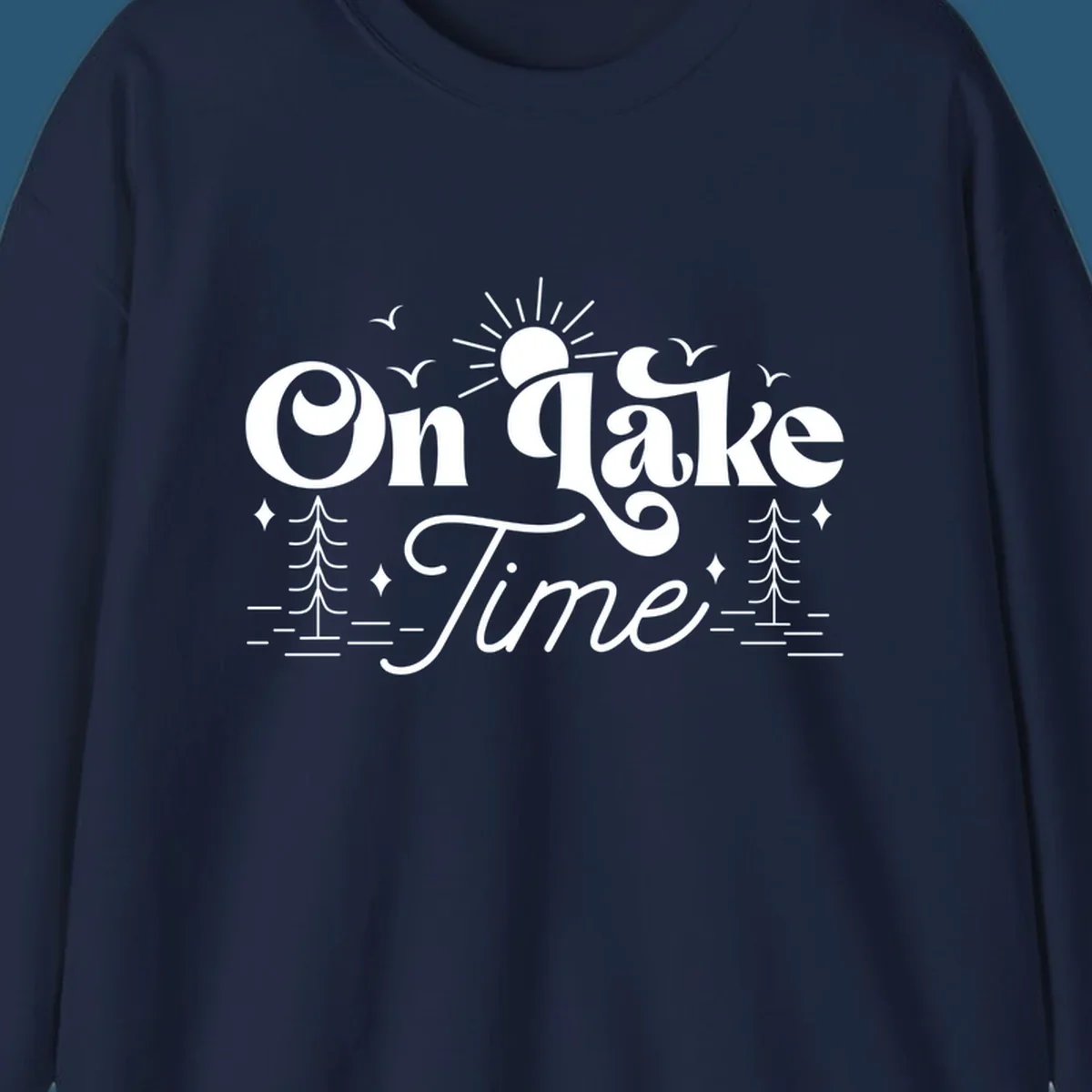 On lake time text with sun, birds, trees, and water illustration.