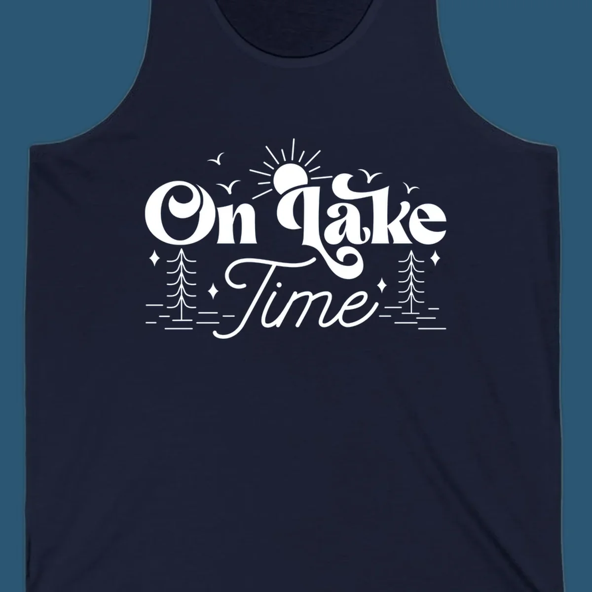 On lake time text with sun, birds, trees, and water illustration.