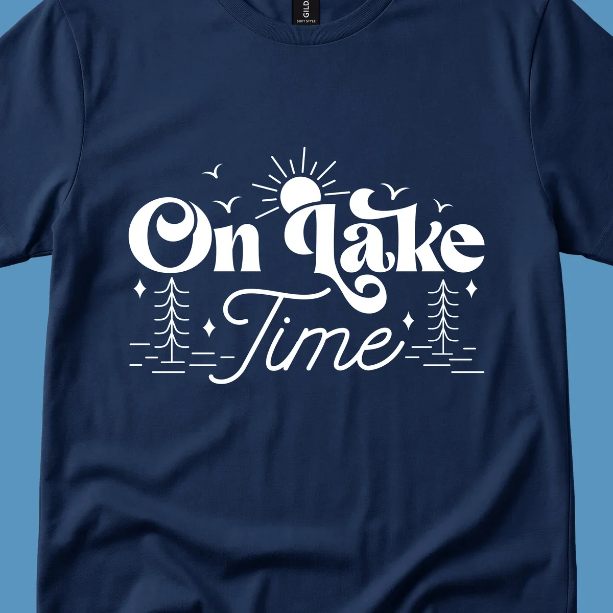 On lake time text with sun, birds, trees, and water illustration.
