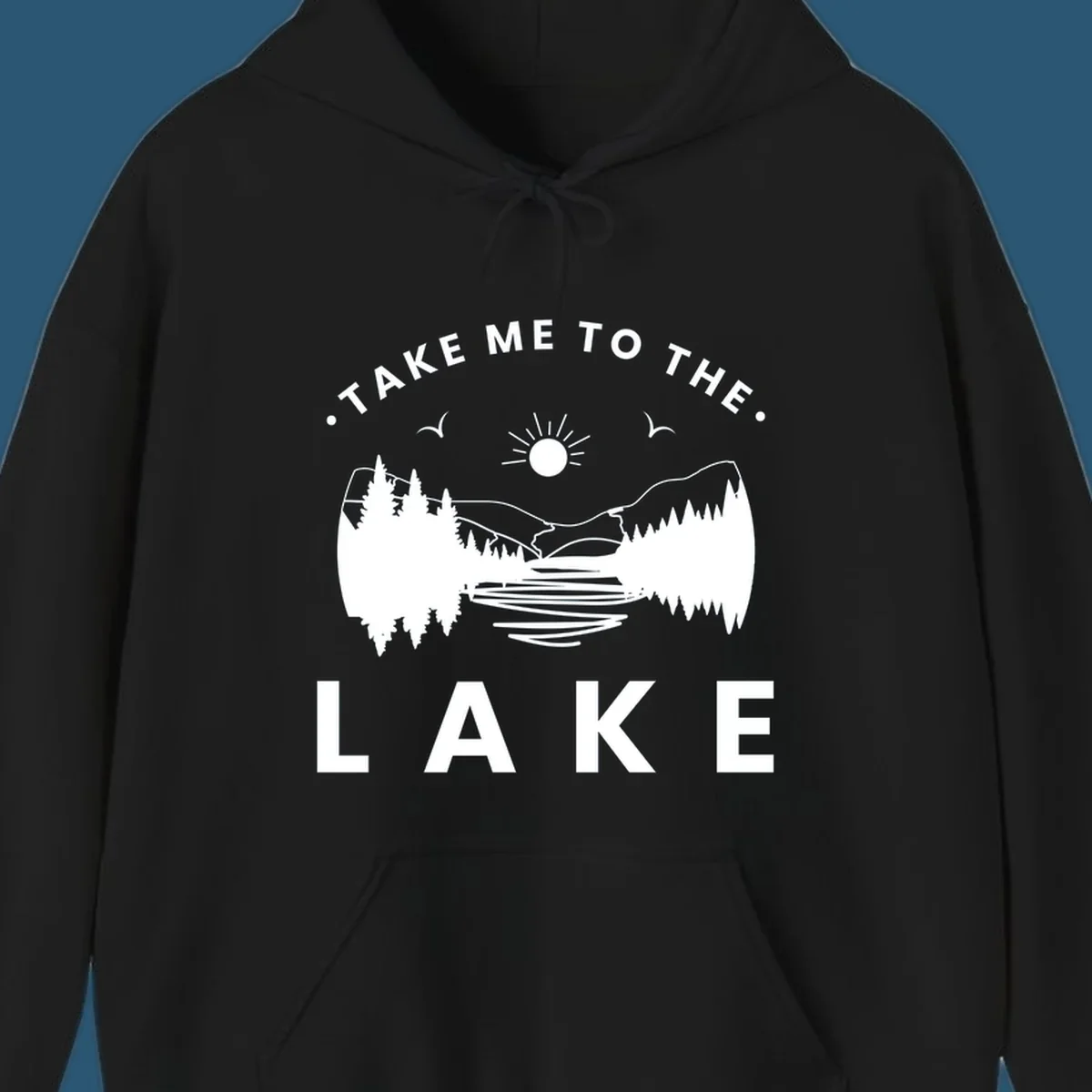 Take me to the lake mountains design with text and scenic illustration.