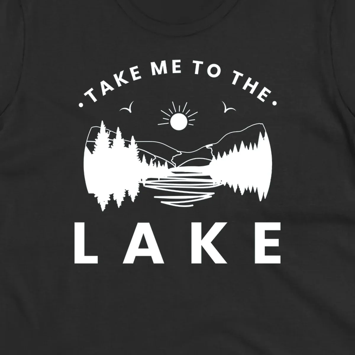 Take me to the lake mountains design with text and scenic illustration.