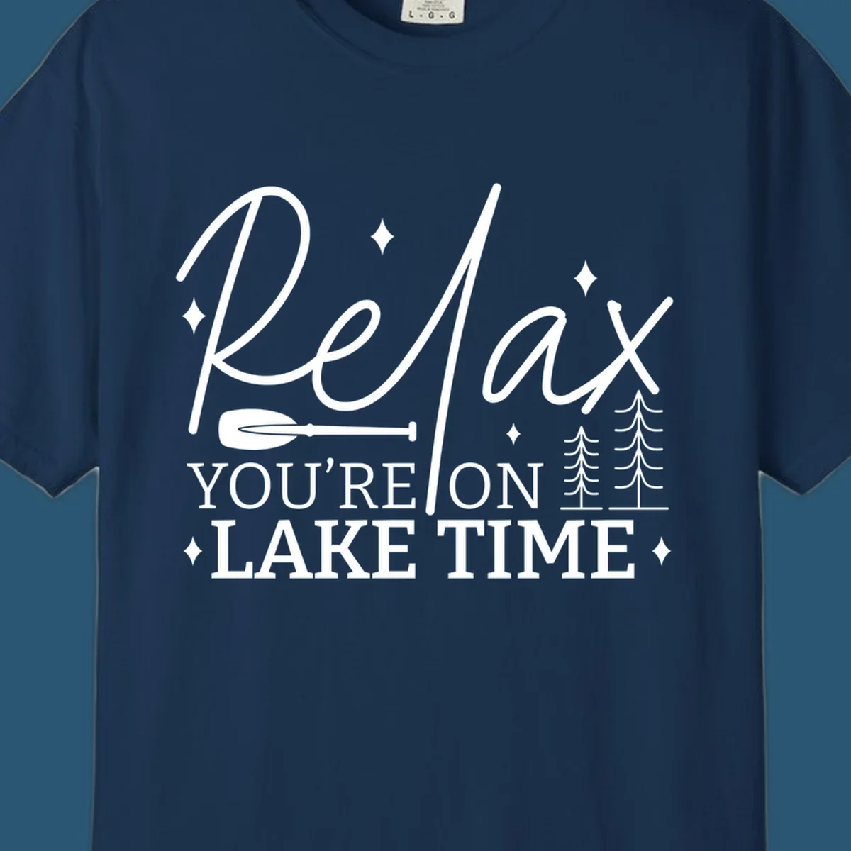 Relax You're On Lake Time text with paddle and trees graphic. lake-time-relax