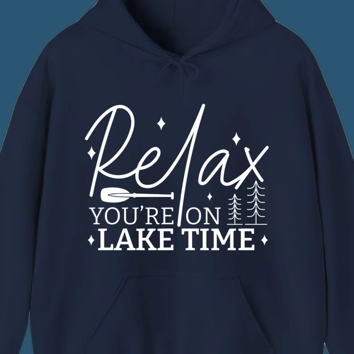 Relax You're On Lake Time text with paddle and trees graphic. lake-time-relax