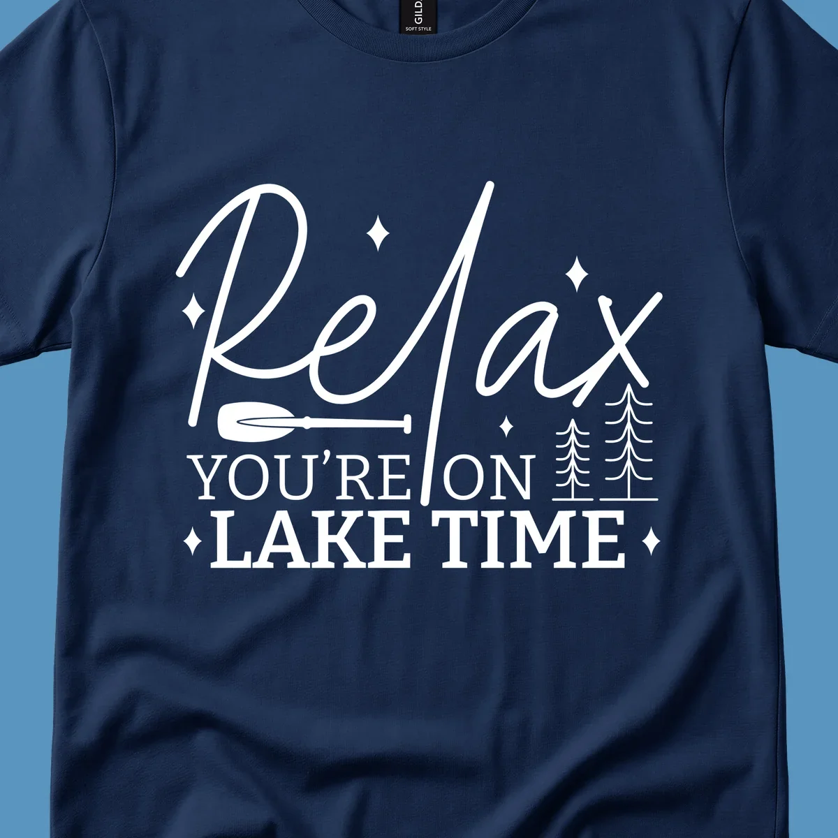 Relax You're On Lake Time text with paddle and trees graphic. lake-time-relax