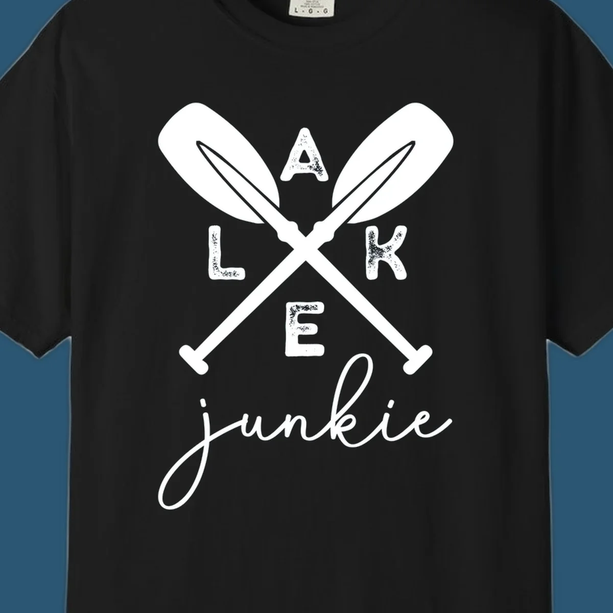 Lake Junkie Paddles Design with crossed paddles and distressed text.
