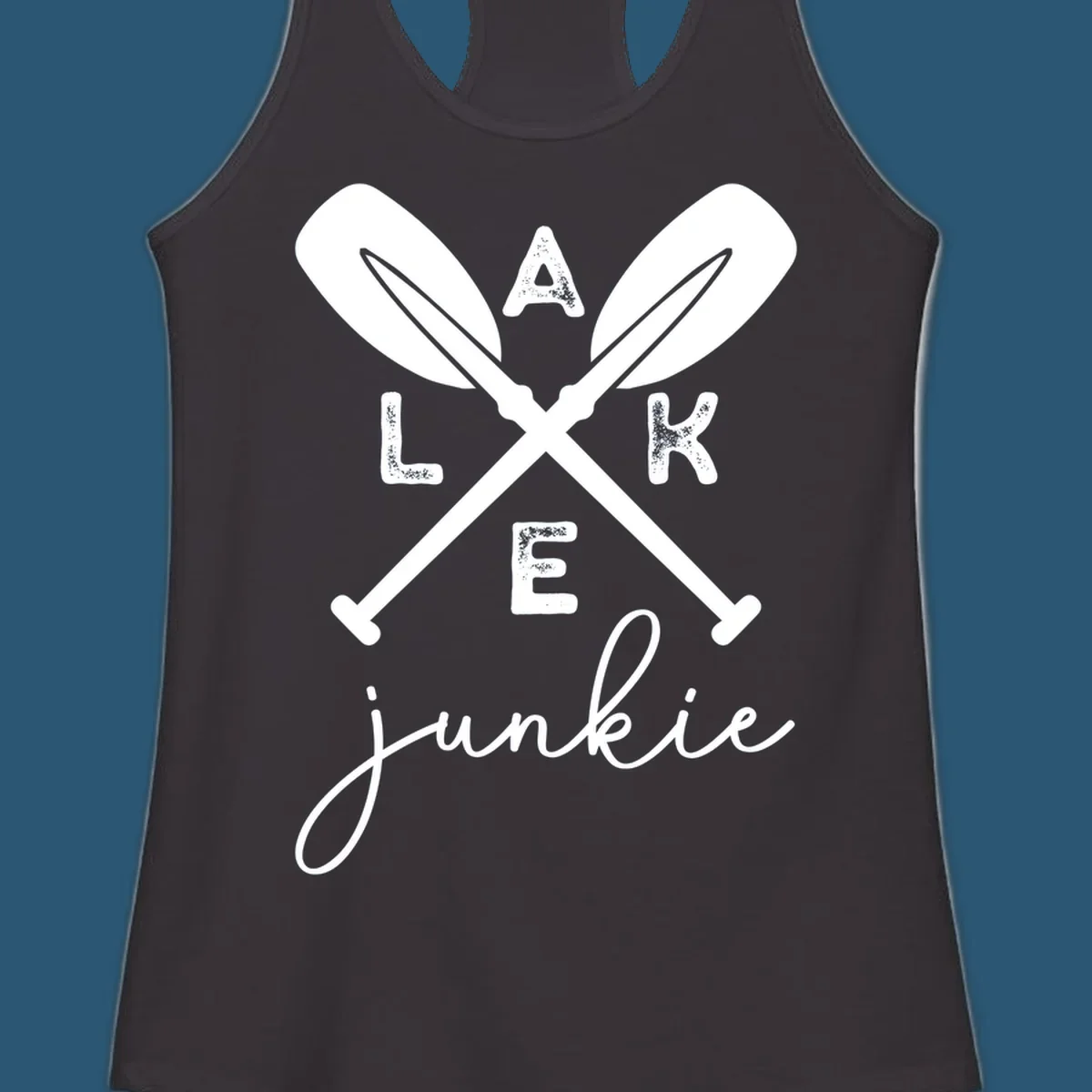 Lake Junkie Paddles Design with crossed paddles and distressed text.