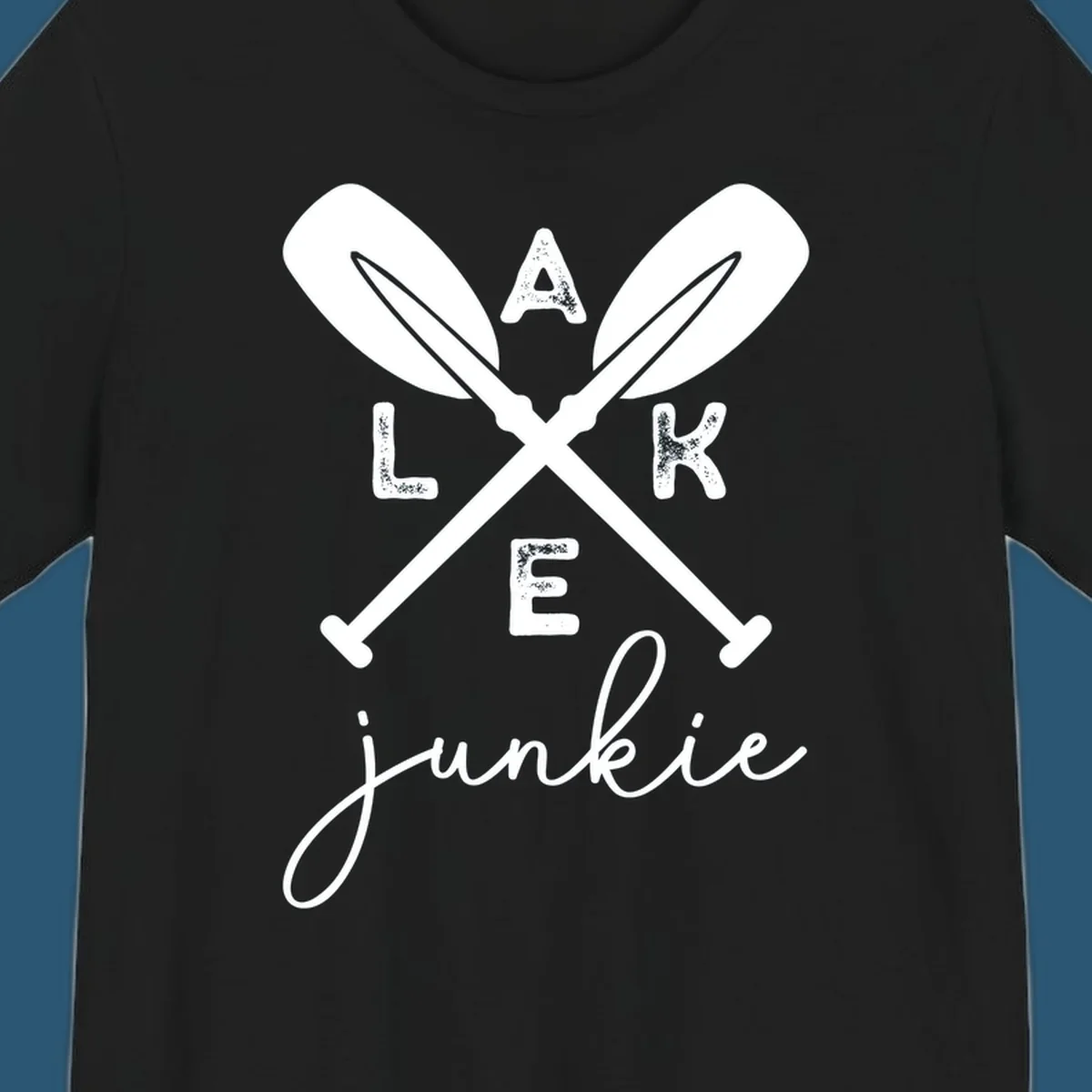 Lake Junkie Paddles Design with crossed paddles and distressed text.