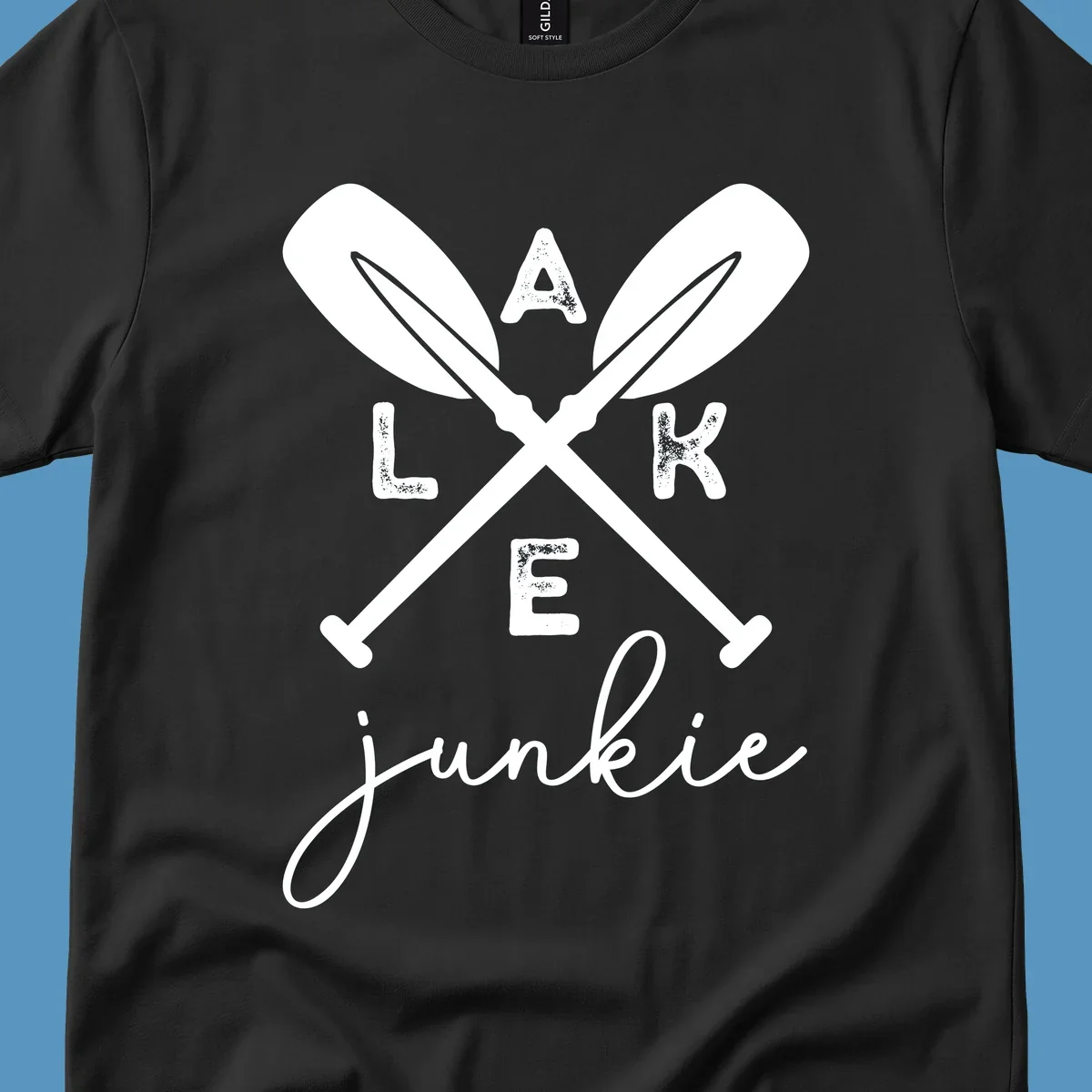 Lake Junkie Paddles Design with crossed paddles and distressed text.