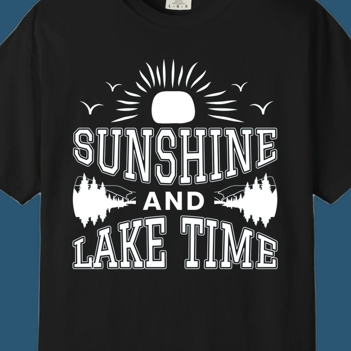 Sunshine and lake time graphic with sun, birds, and trees.