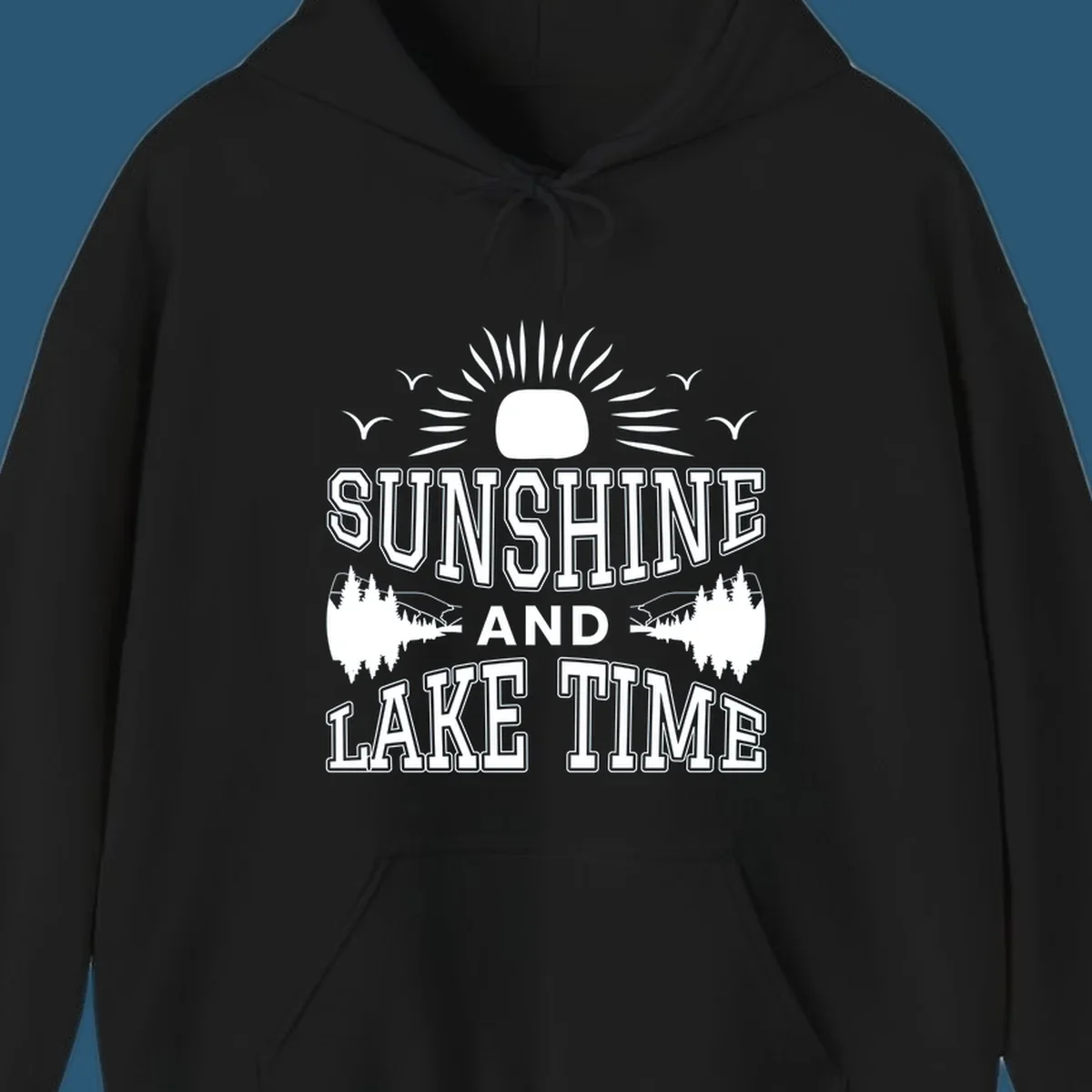 Sunshine and lake time graphic with sun, birds, and trees.
