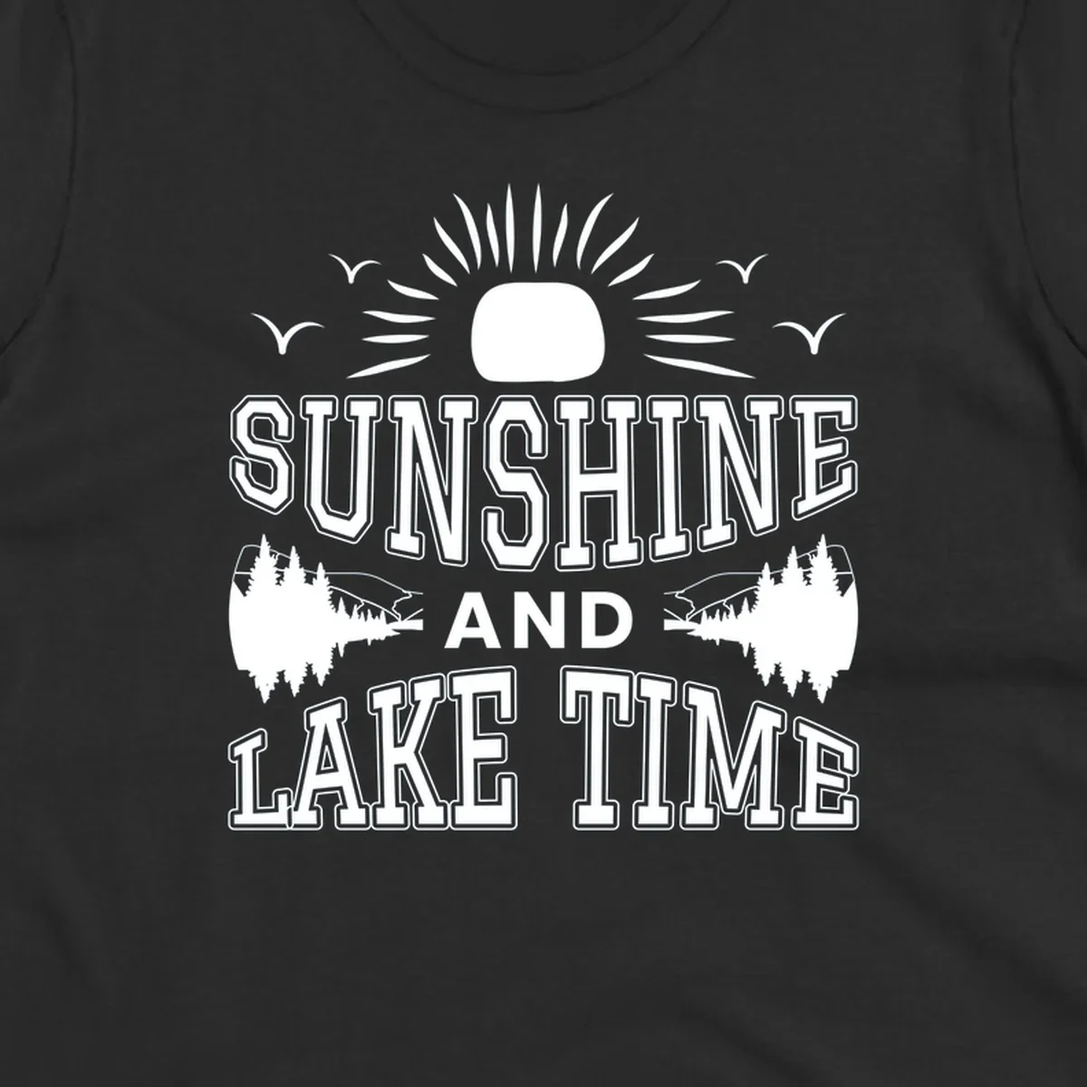 Sunshine and lake time graphic with sun, birds, and trees.