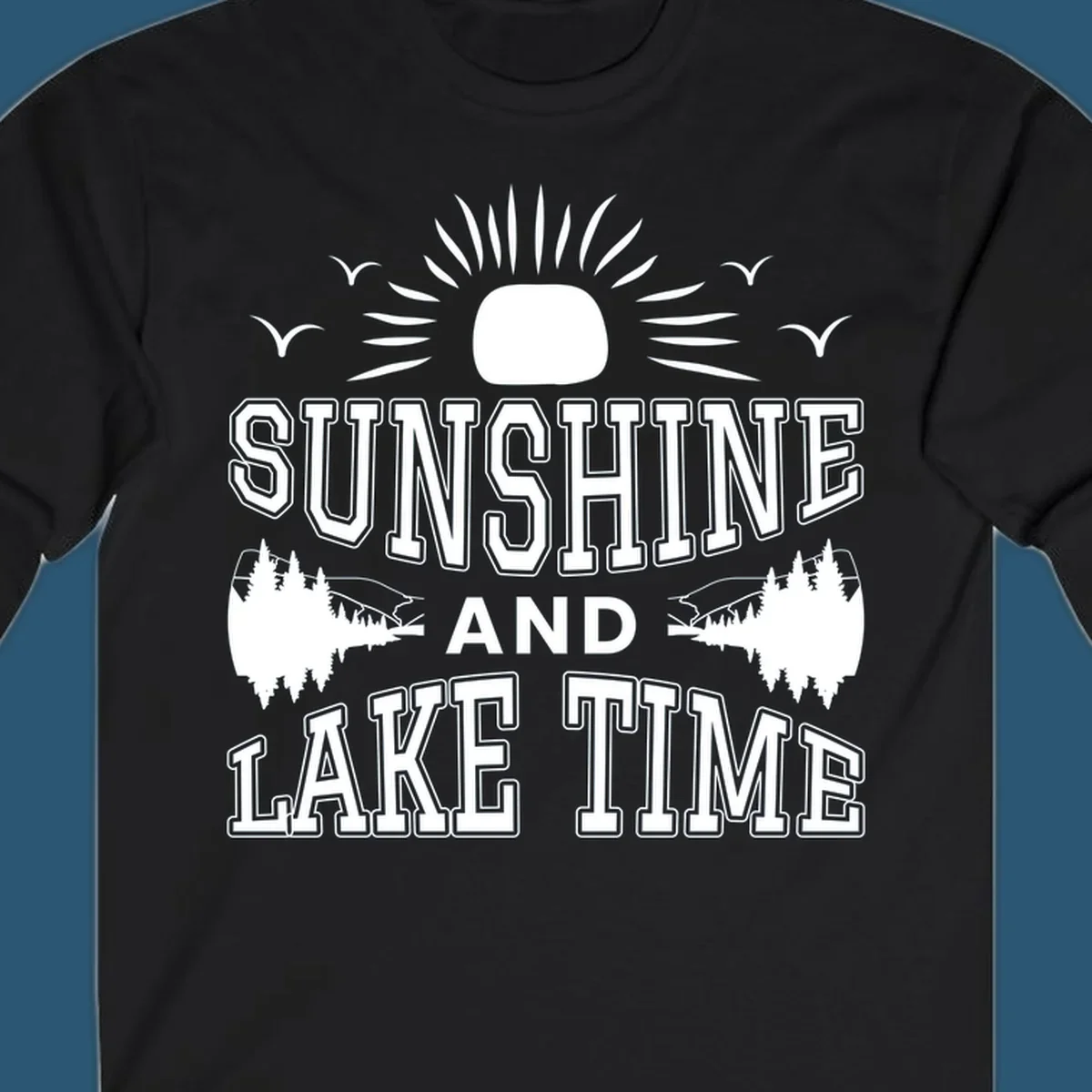 Sunshine and lake time graphic with sun, birds, and trees.