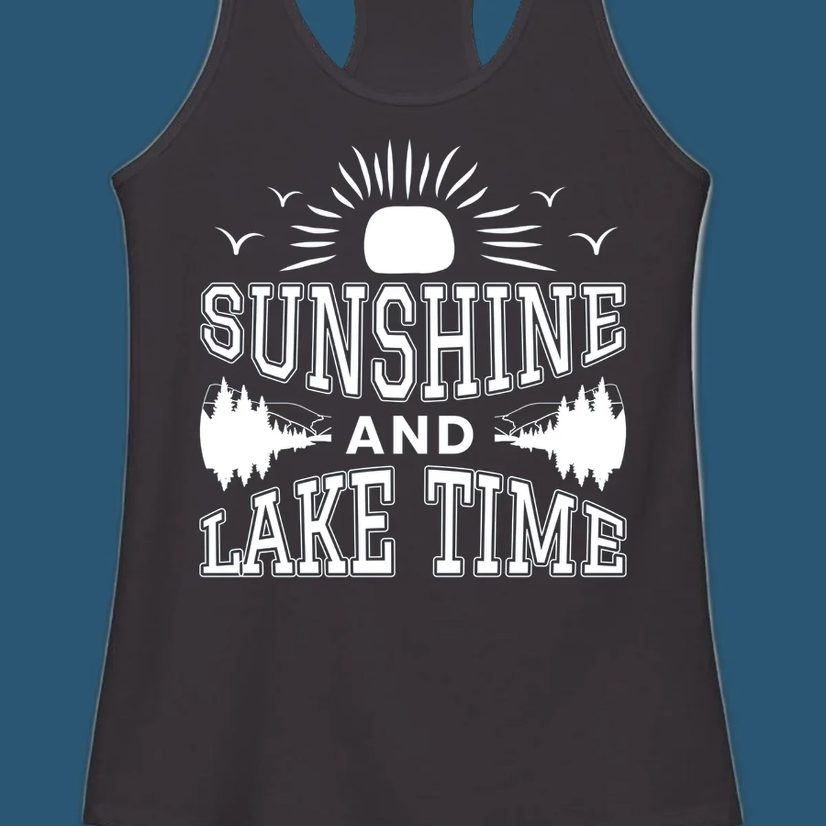 Sunshine and lake time graphic with sun, birds, and trees.