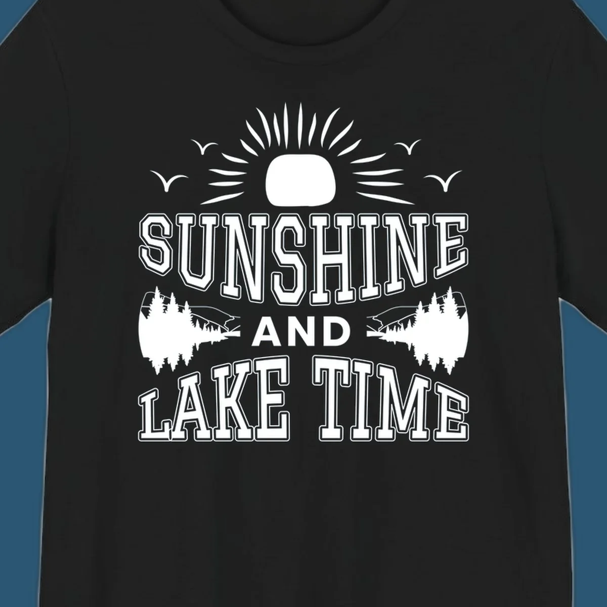 Sunshine and lake time graphic with sun, birds, and trees.