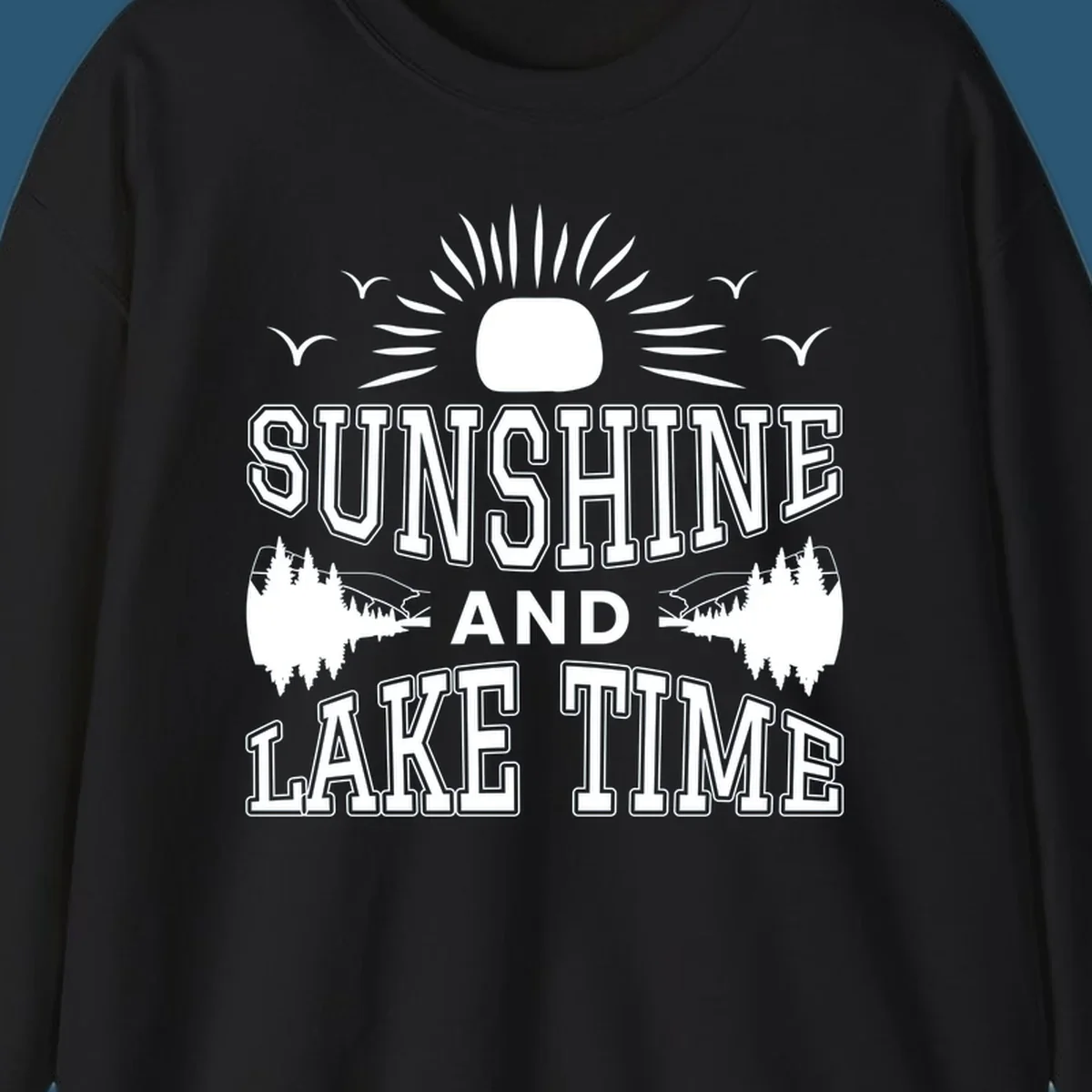 Sunshine and lake time graphic with sun, birds, and trees.