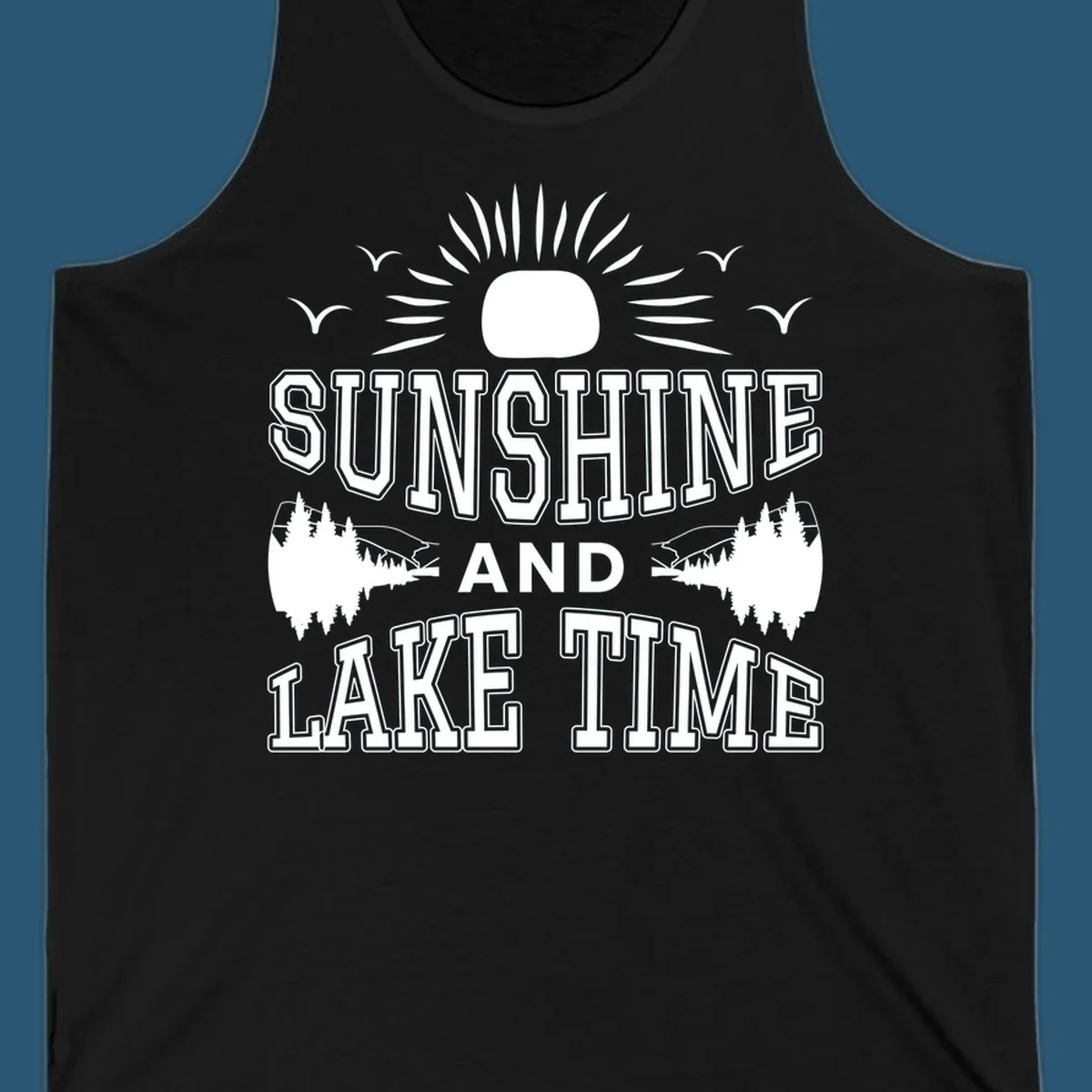 Sunshine and lake time graphic with sun, birds, and trees.