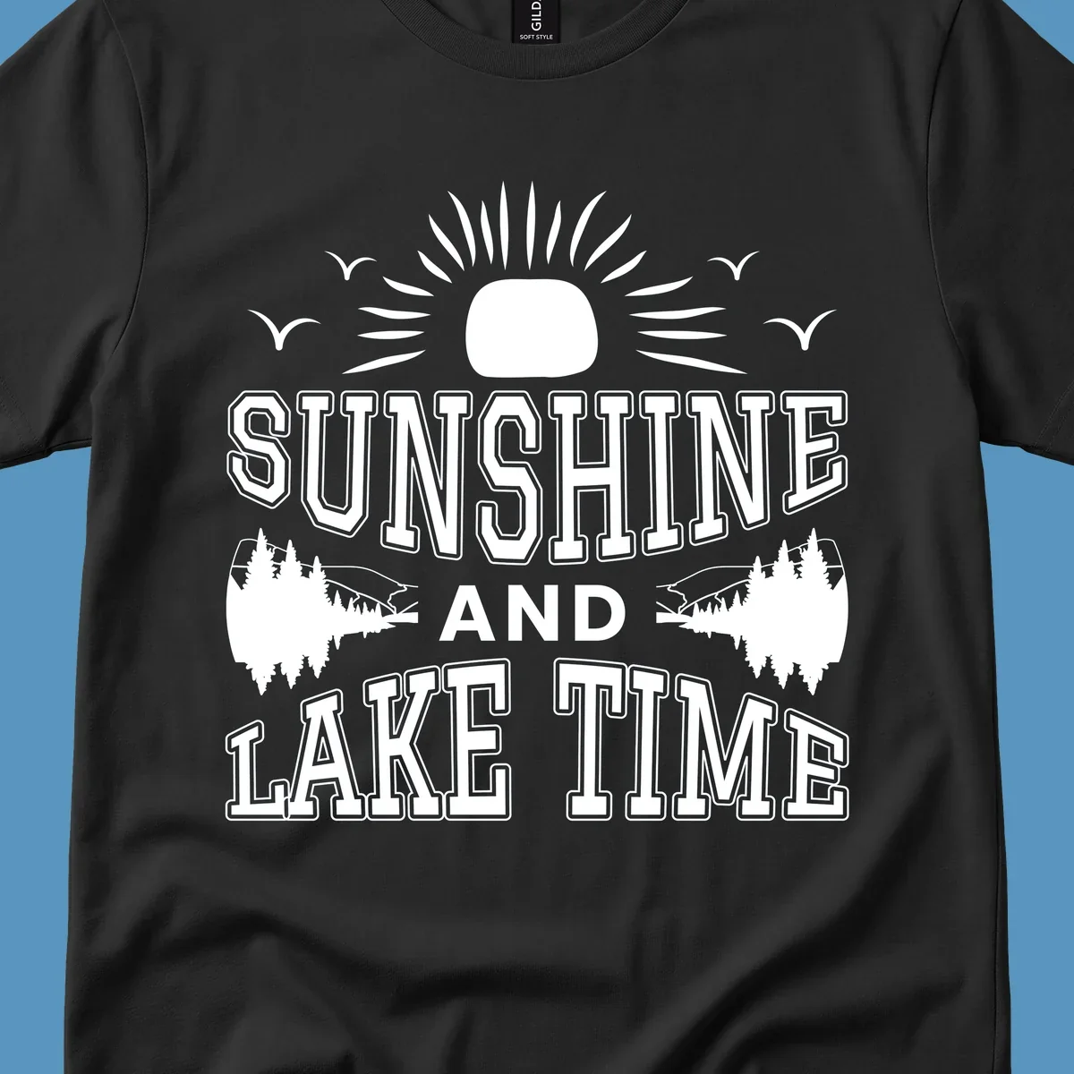 Sunshine and lake time graphic with sun, birds, and trees.